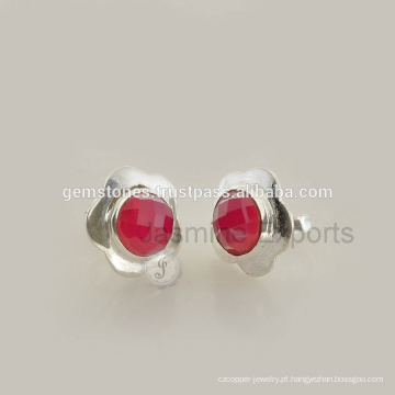 925 Sterling Silver Hot Pink Calcedônia Gemstone Stud Earring, Atacado Natural Gemstone Bezel Stud Earrings Jóias Exportador